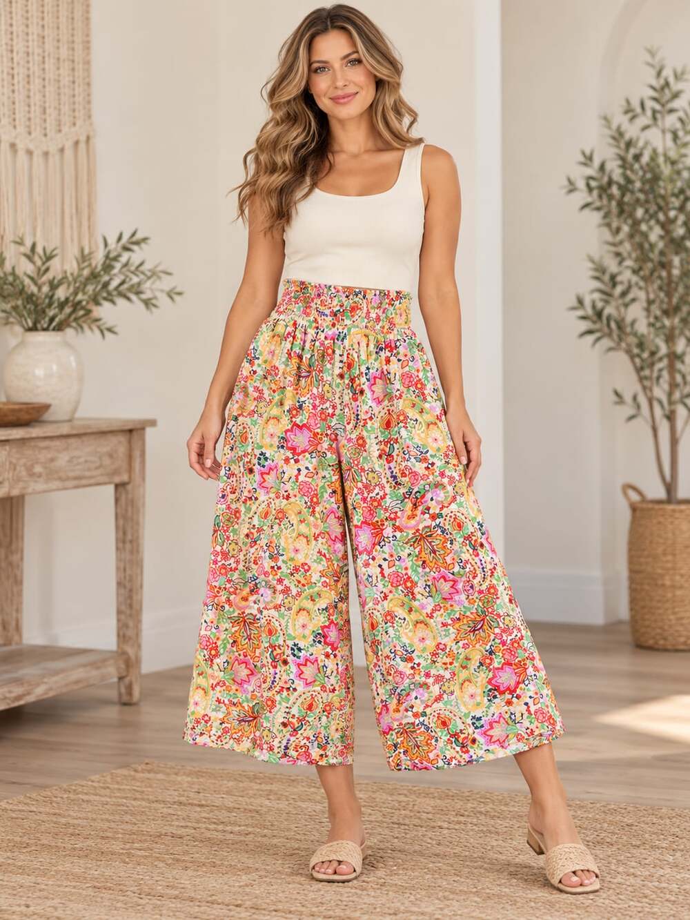 Cynthia Rowley Floral Paisley Wide Leg Palazzo Pants Smocked Waist XS